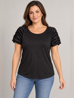 Jennifer Lopez Black sheer Ruched Sleeve Top